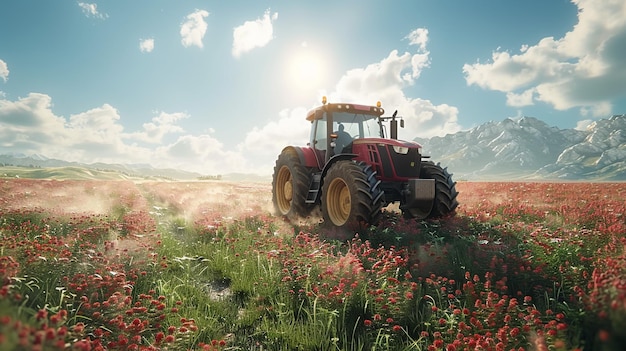 a tractor is on a field with a sky background