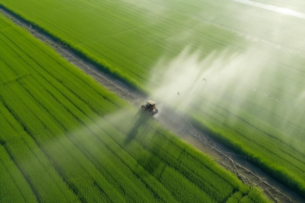 A tractor is spraying fertilizer on a green field