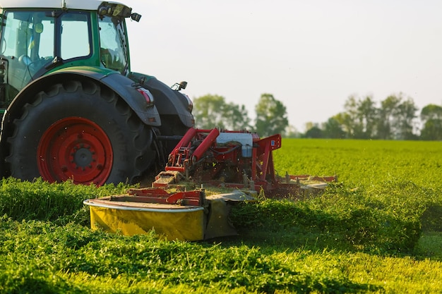 Tractor maakt hooi oogsten voor dieren op een boerderij