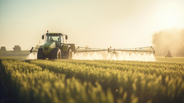 Tractor in the middle of a field spraying crops with a boom sprayer