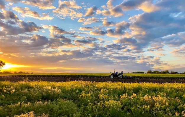 Tractor in the middle of a field at sunset rural landscape