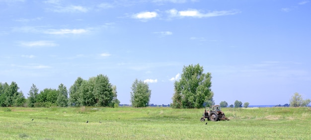 The tractor mows the grass in the meadow Haymaking in the countryside Panoramic landscape