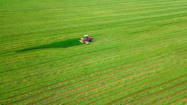 Tractor mows the grass top view from the drone