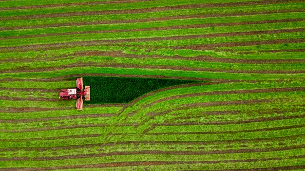 写真 トラクターは、緑のフィールドの空撮で草を刈る