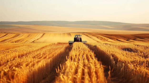 Tractor oogst gouden tarwe veld bij zonsondergang Combine harvester werken in de boerderij veld Luchtbeeld van landbouwmachines in het landelijk landschap