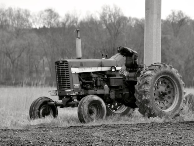 Foto tractor op het veld tegen bomen
