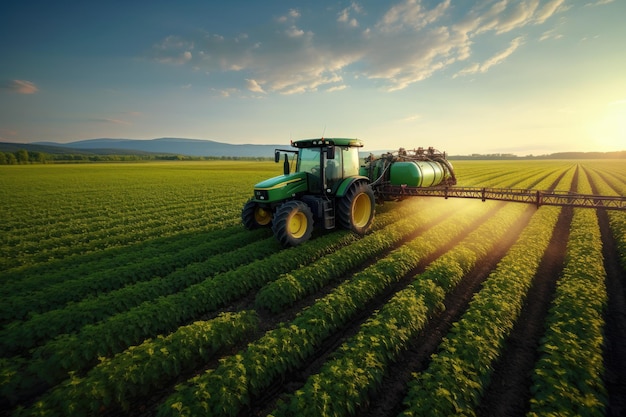 Foto un trattore guida pacificamente attraverso un campo verde lussureggiante sotto il sole luminoso un trattore spruzza pesticidi e fertilizzanti sul campo delle colture di soia la sera di primavera