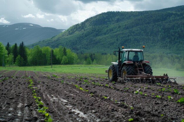 Tractor ploegt een veld met jonge gewassen tegen een achtergrond van bergen en bossen