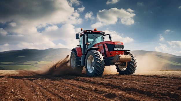 Tractor ploegt een veld met stof dat door de banden wordt opgeschopt