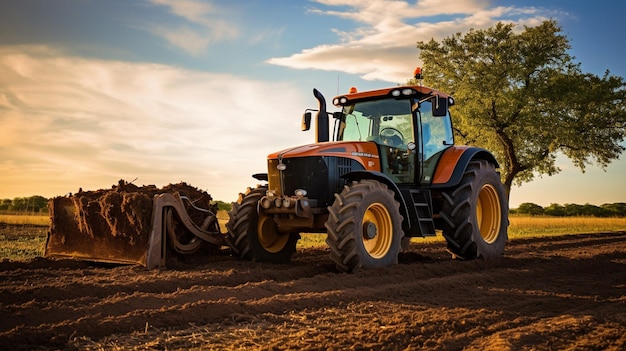 Tractor ploegt schilderachtig boerderijland bij zonsopgang