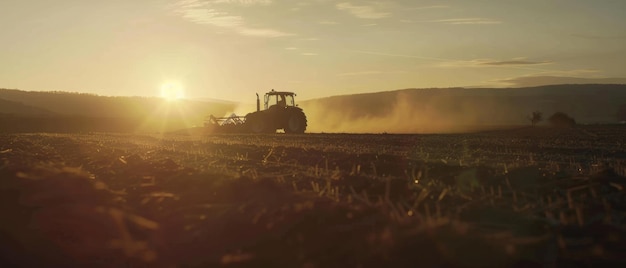Tractor ploegt velden bij zonsondergang en werpt een dramatisch silhouet