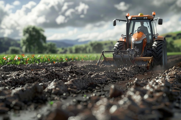 Photo tractor plowing a field of rich soil in preparatio