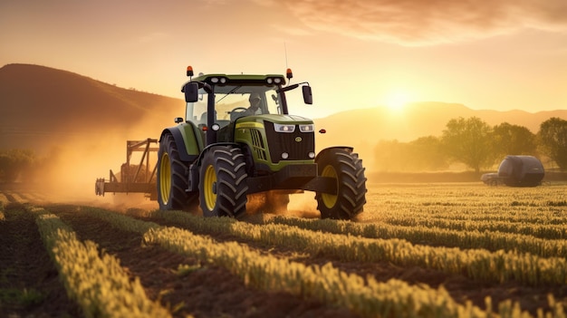 Трактор орехает поле с пылью, поднимаемой шинами