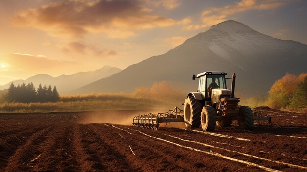 Tractor Plowing Picturesque Farmland at Sunrise