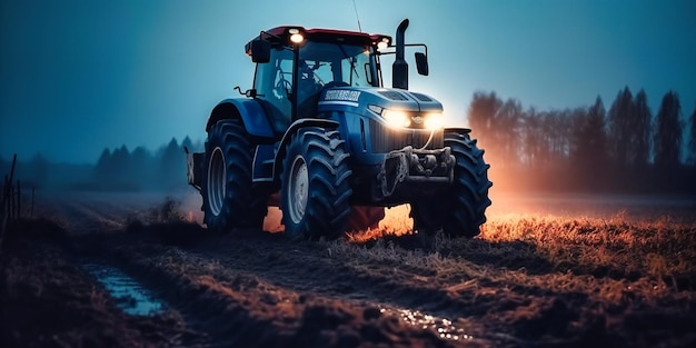 Tractor plowing plowing tractor in the land field by sunset