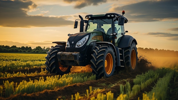 The tractor plows the land agriculture image