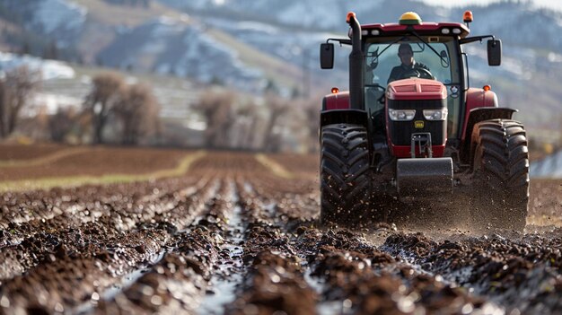 Photo tractor pulling a roller to firm soil background