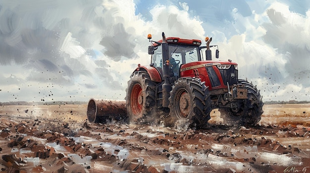 Photo tractor pulling a roller to firm soil wallpaper