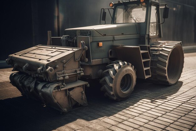 A tractor sits in a warehouse with the word tractor on the side