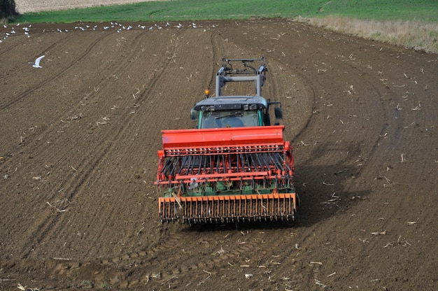 Tractor sowing in a field in Brittany