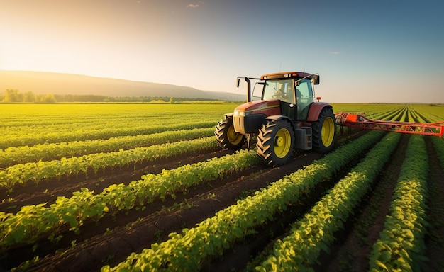 A tractor sprayed crops in a field at sunset