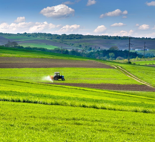 Тракторный опрыскиватель всходы пшеничного поля весной, холмы сельскохозяйственных угодий