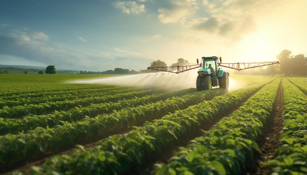 Photo a tractor spraying crops in the field at sunset