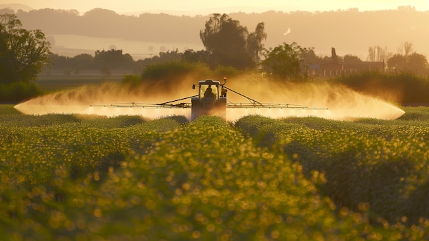 Tractor Spraying Crops at Sunset