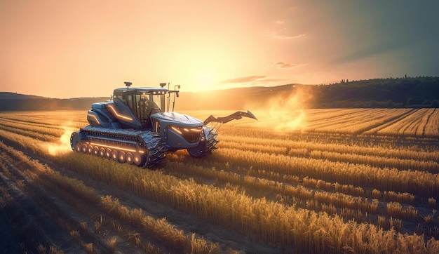 a tractor spraying a field of wheat at late evening in the style of eyecatching tags