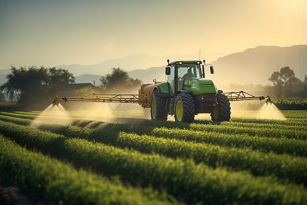 A tractor spraying a field with pesticides