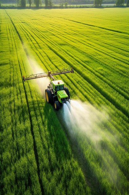 Трактор распыляет пестициды на зеленом поле