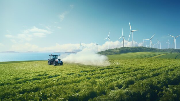 Фото Трактор распыляет пестициды на поле соевых бобов