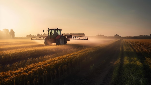 Tractor spraying pesticides on corn fields at sunset