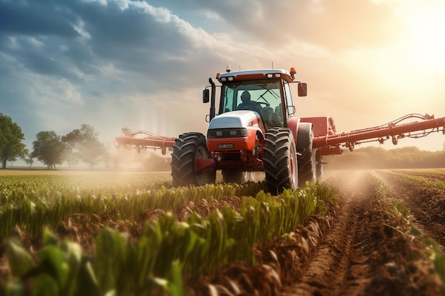 Tractor spraying pesticides fertilizer on crops farm field