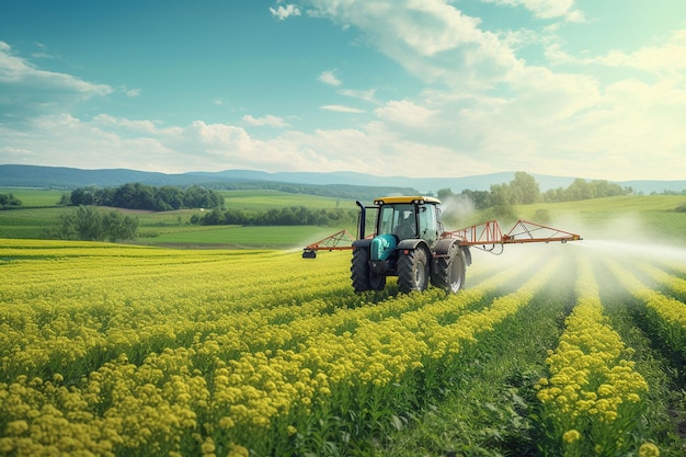 Tractor spraying pesticides fertilizer on crops farm field