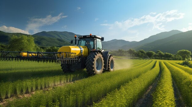 Foto trattore che spruzza pesticidi su un campo verde concetto di foto di sfondo agricolo