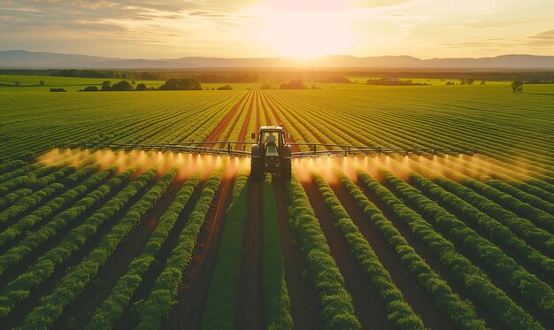 Трактор распыляет пестициды на зеленых плантациях при заходе солнца.
