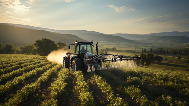 Tractor Spraying Pesticides on Green Soybean Plantation Generative Ai