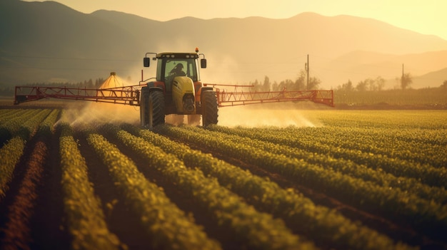 Трактор, распыляющий пестициды на плантации зеленой сои в Сансете Трактор, опыляющий Пестициды Генеративный Ай