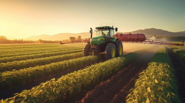 トラクターがソーヤビンのプランテーションに殺虫剤を噴霧する Sunset Tractor Spraying Pesticides Generative Ai (サンセット・トラクター・スプレー・ペスティシズド・ジェネレーティブ・アイ)
