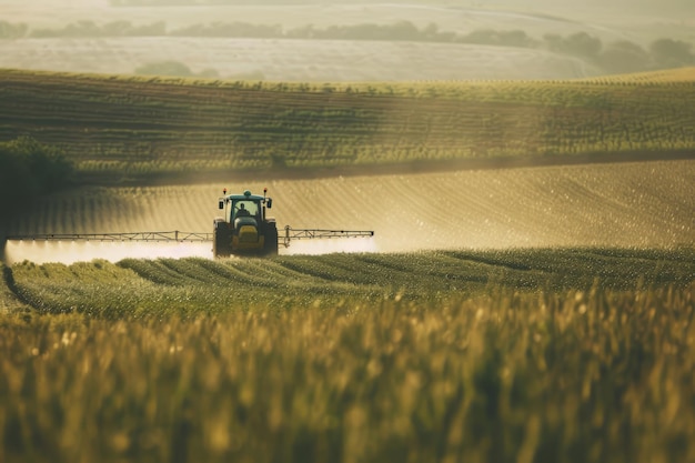 Фото Трактор распыляет пестициды на пышном зеленом поле в ранние утренние часы