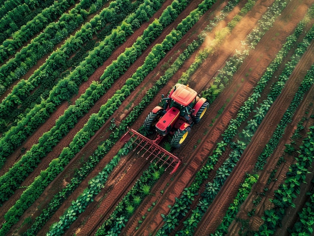 Tractor spraying pesticides on a large farm field