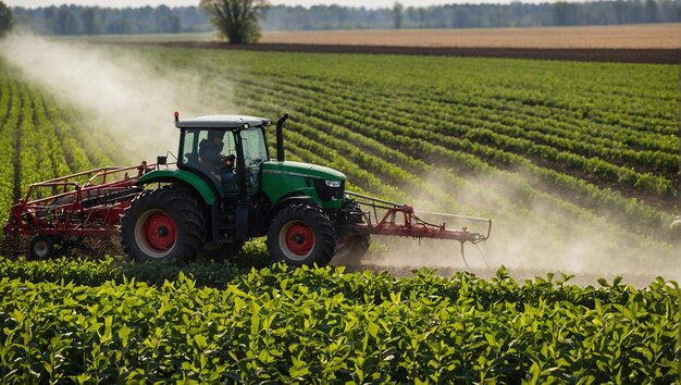 Фото Трактор распыляет пестициды на поле сои с распылятелем весной