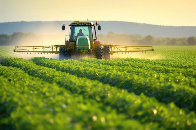 Tractor Spraying Pesticides In Soybean Field With Sprayer Generative AI