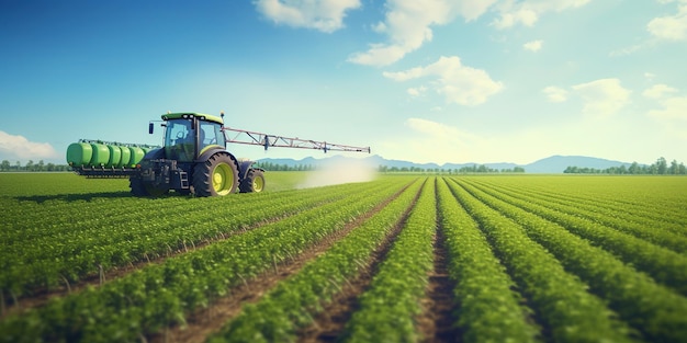 Tractor spraying soybean field in spring