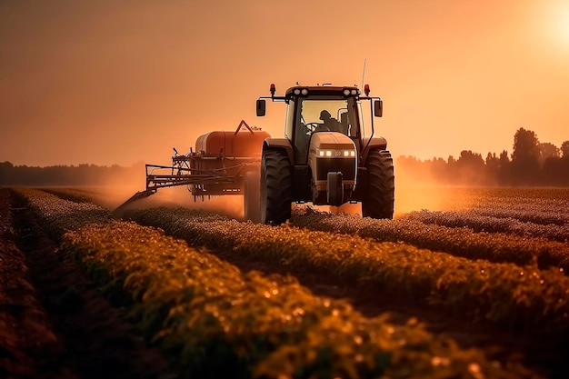 Tractor spraying soybean field in sunset Season plant