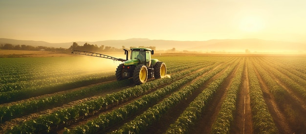 Foto un trattore spruzza un campo di soia al tramonto