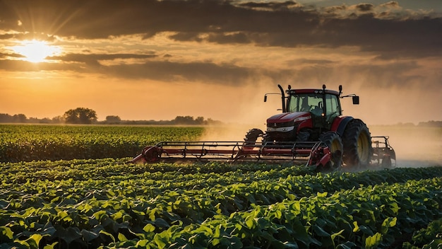 tractor spraying soybean field at sunset