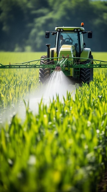 tractor spraying young corn with pesticides