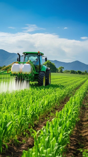 трактор распыляет молодую кукурузу пестицидами